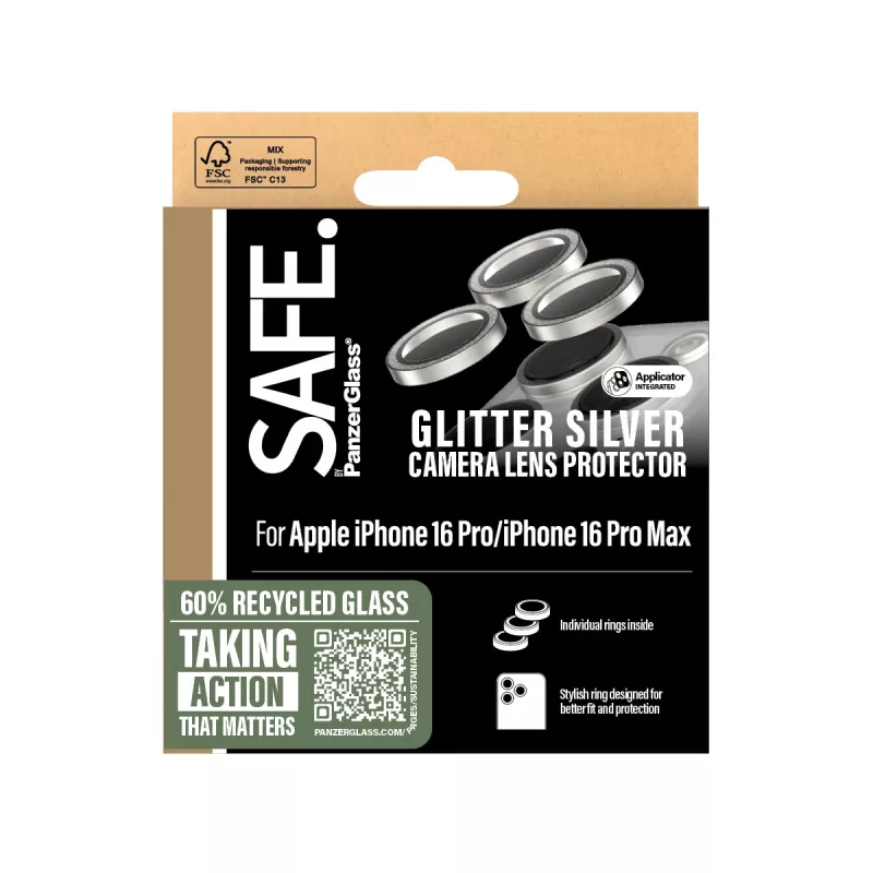 PanzerGlass SAFE. by ® Kamera-Linsenschutz Glitzer Silber iPhone 16 Pro | 16 Pro Max
