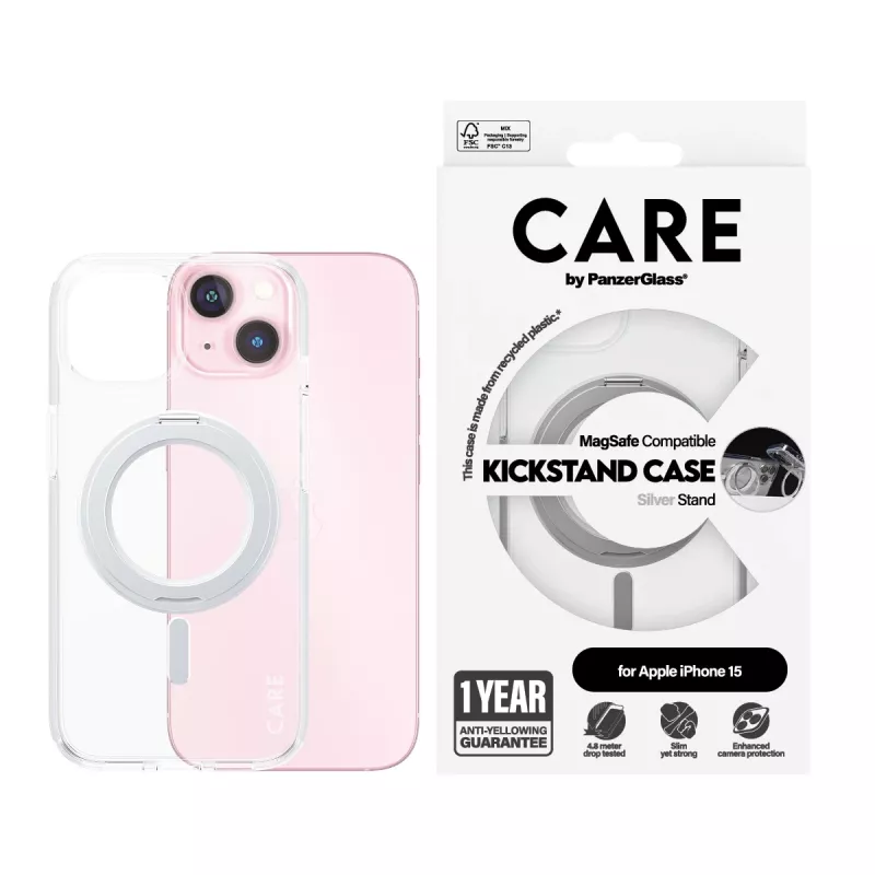 PanzerGlass CARE™ by ® Hülle Transparent w. Silver Kickstand & MagSafe iPhone 15