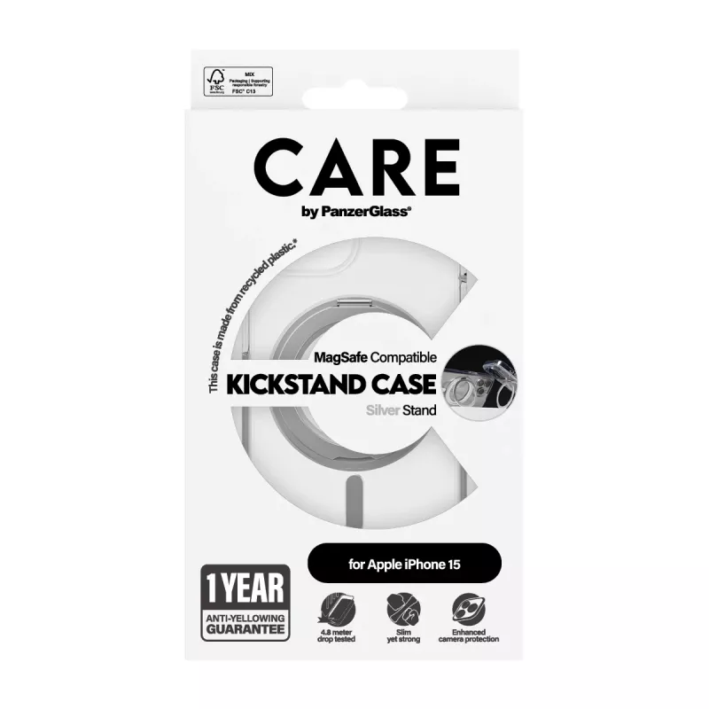 PanzerGlass CARE™ by ® Hülle Transparent w. Silver Kickstand & MagSafe iPhone 15