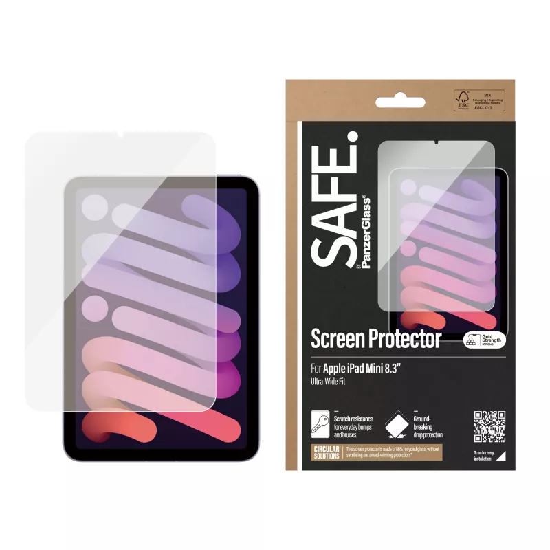 PanzerGlass SAFE. by ® Displayschutzfolie iPad Mini 8,3″ (2021, 2024) | Ultra-Wide Fit | Bulk