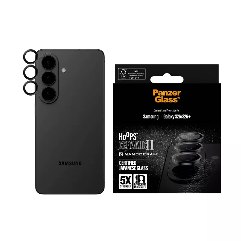 Kamera-Objektivschutz PanzerGlass Hoops Ceramic II für Samsung Galaxy S26 / S26+, gehärtetes Glas, Silikon, transparent