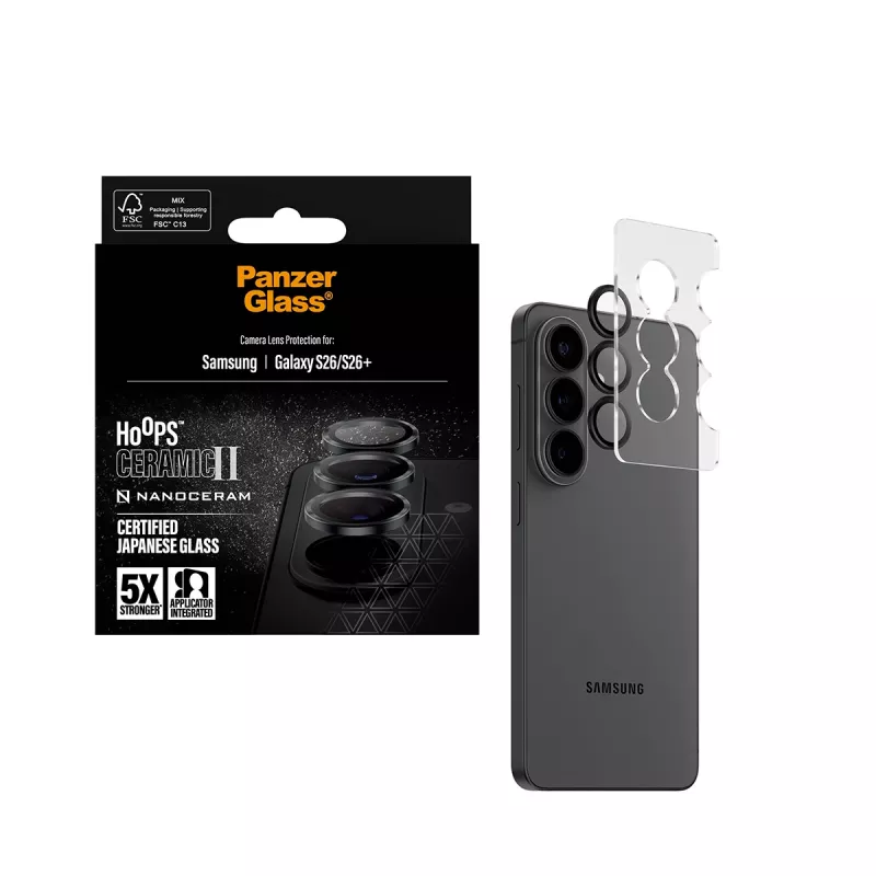 Kamera-Objektivschutz PanzerGlass Hoops Ceramic II für Samsung Galaxy S26 / S26+, gehärtetes Glas, Silikon, transparent