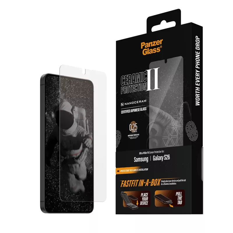 Bildschirmschutz PanzerGlass für Samsung Galaxy S26 — Keramik-Temperglas, Ultra-Wide Fit, FASTFIT, transparent