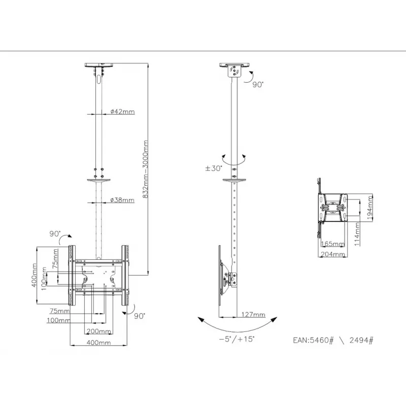 Multibrackets M Public Ceilingmount Medium Single White 3000 Maximale Tragfähigkeit 30 kg Min. Bildschirmgröße 32 Zoll Max. Bildschirmgröße 55 Zoll