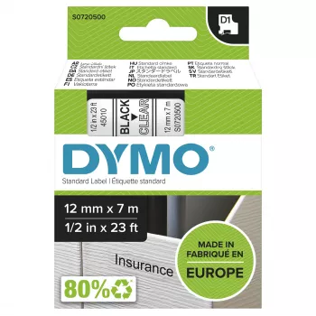 DYMO Authentic D1 Labels | Schwarzer Druck auf transparenter Folie | 12 mm x 7 m | Selbstklebende Etiketten für LabelManager Etikettendrucker | Hergestellt in Europa