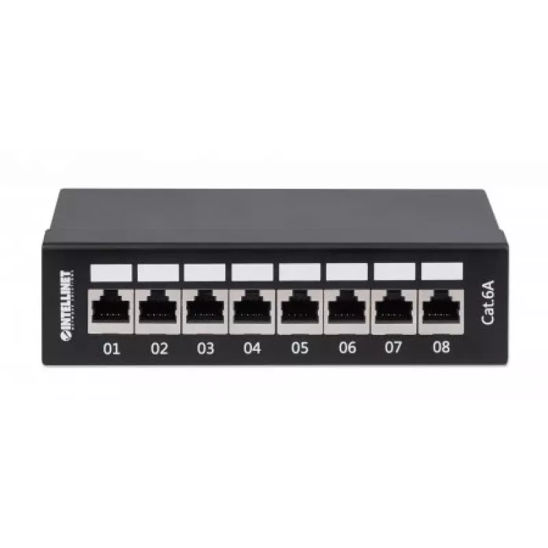 Intellinet Patch Panel, Cat6a, FTP, 8-Port, Desktop, geschirmt, 90° Top-Entry LSA-Leisten, Schwarz