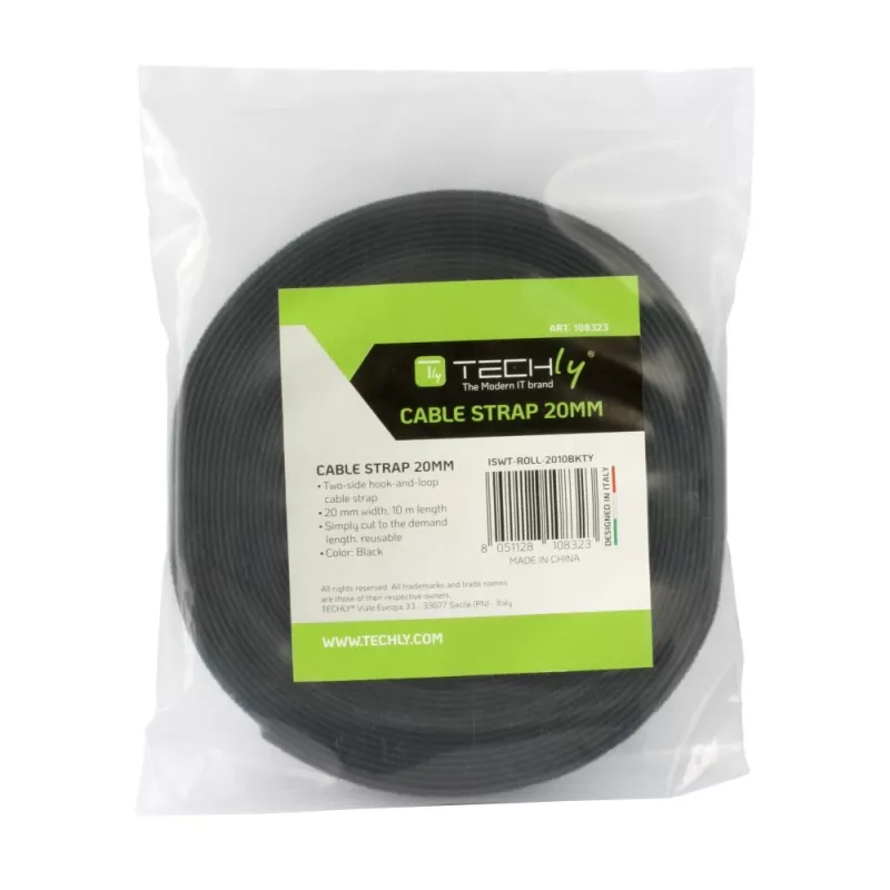 Techly Klettband-Rolle Kabelmanagement Länge 10 m Breite 20 mm Schwarz