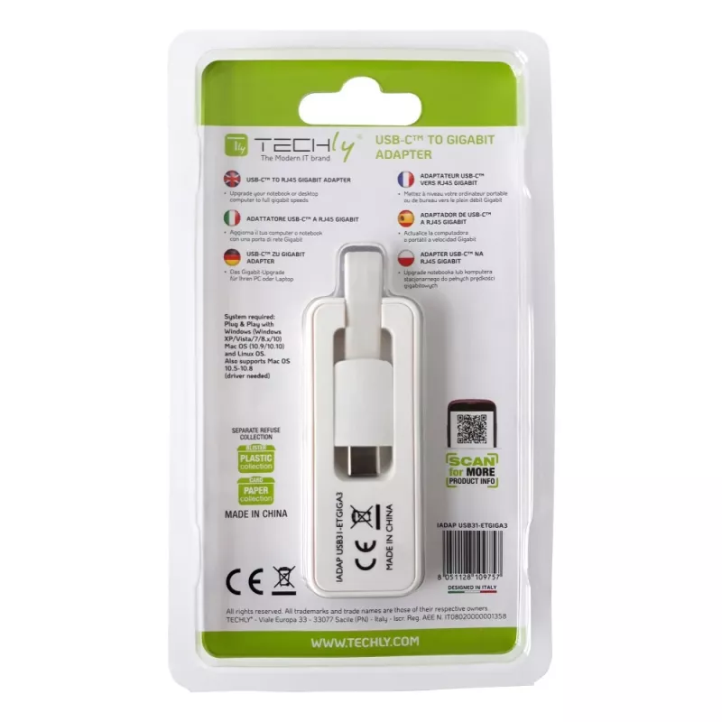 Techly USB 3.1 Type-C auf RJ45 Gigabit Ethernet Adapter, Weiß