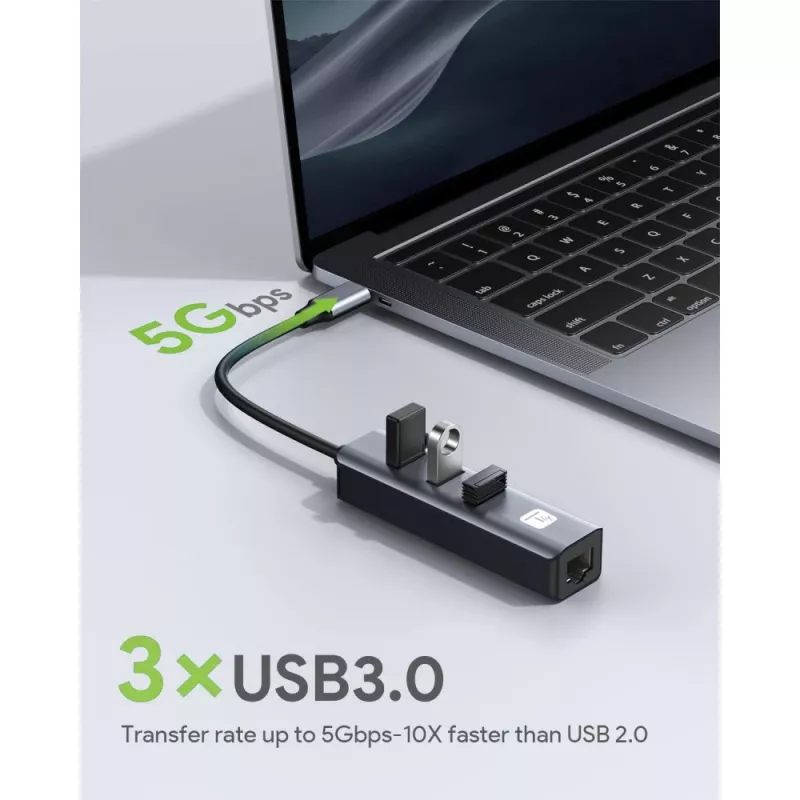 Techly IDATA USB-ETGIGA3AA Laptop-Dock/Port-Replikator Kabelgebunden USB 3.2 Gen 1 (3.1 Gen 1) Typ-A Schwarz, Silber