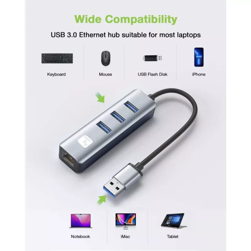 Techly IDATA USB-ETGIGA3AA Laptop-Dock/Port-Replikator Kabelgebunden USB 3.2 Gen 1 (3.1 Gen 1) Typ-A Schwarz, Silber