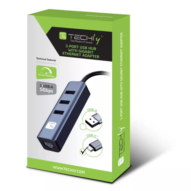 Techly IDATA USB-ETGIGA3CA Laptop-Dock/Port-Replikator kabelgebunden USB 3.2 Gen 1 (3.1 Gen 1) Typ-A + Typ-C Schwarz, Silber