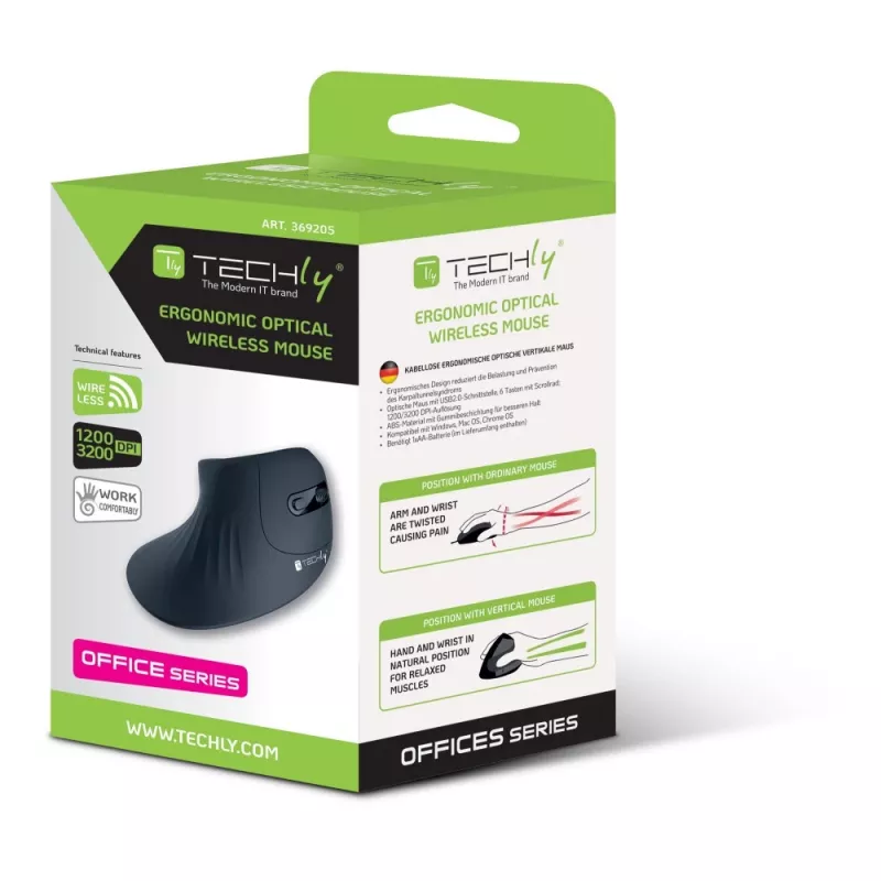 Techly IM 1100-VM-B vertikale kabellose optische Maus, 2,4 GHz RF, 3200 DPI