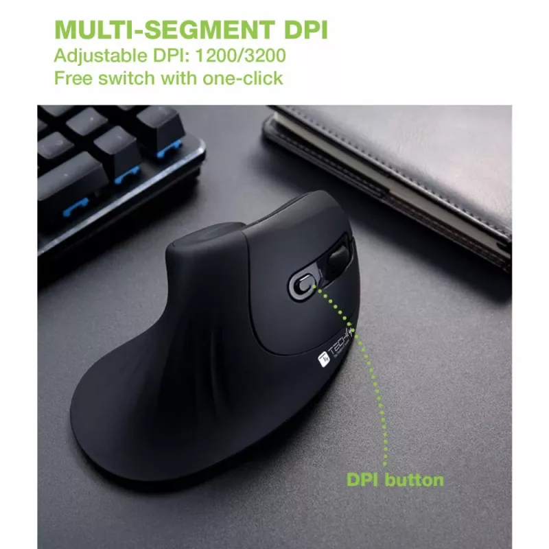 Techly IM 1100-VM-B vertikale kabellose optische Maus, 2,4 GHz RF, 3200 DPI