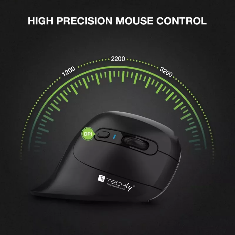 Techly IM 1100-VM-B vertikale kabellose optische Maus, 2,4 GHz RF, 3200 DPI