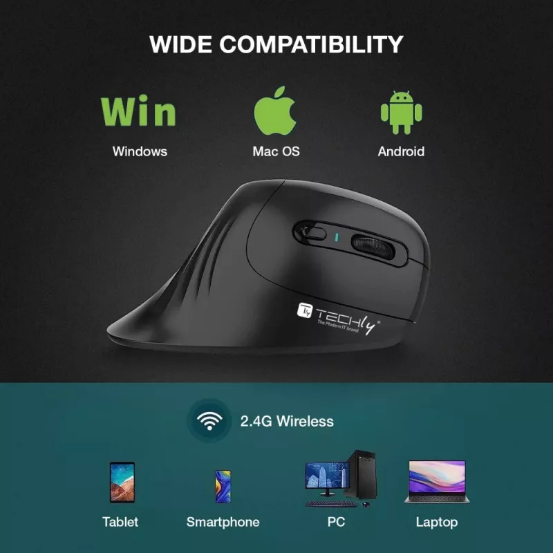 Techly IM 1100-VM-B vertikale kabellose optische Maus, 2,4 GHz RF, 3200 DPI