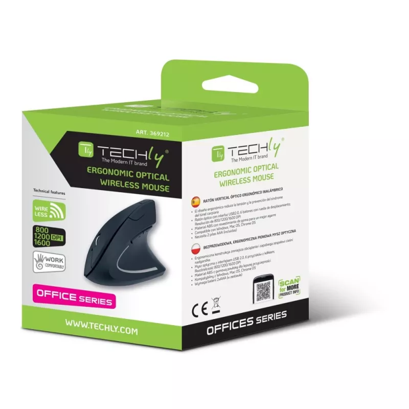 Techly IM 1200-VM-B vertikale kabellose optische Maus, 2,4 GHz RF, 1600 DPI