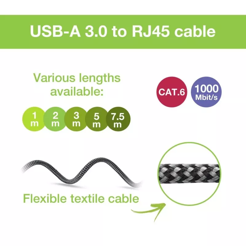 Techly ICOC-U3A-RJ45-050 USB 3.0 Type-A auf Gigabit Ethernet Adapterkabel, 5 m, Schwarz/Silber