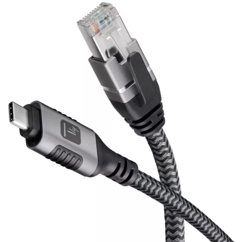 Techly ICOC-U3C-RJ45-050 USB 3.2 Type-C auf Gigabit Ethernet Adapterkabel, 5 m, Schwarz/Silber
