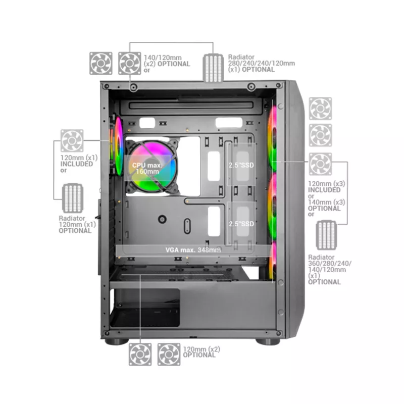 Mars Gaming MC-KX Schwarz Premium E-ATX Gaming Tower FREEZER CPU-System 5 ultraleise ARGB-Lüfter ARGB-Steuergerät und RF-Steuergerät Mesh-Front