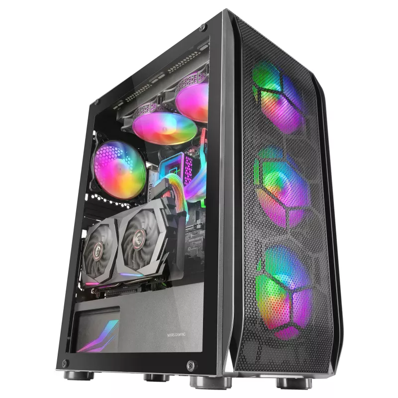 Mars Gaming MC-KX Schwarz Premium E-ATX Gaming Tower FREEZER CPU-System 5 ultraleise ARGB-Lüfter ARGB-Steuergerät und RF-Steuergerät Mesh-Front