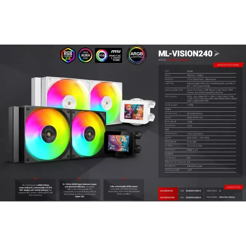 Mars Gaming ML-VISION240W AIO-Flüssigkeits-CPU-Kühler, 240 mm, RGB, Weiß