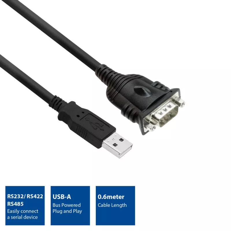 ACT 0,6 m USB-auf-Seriell-Adapter, Schwarz, 0,6 m, USB Typ-A, DB-9, Stecker, Stecker