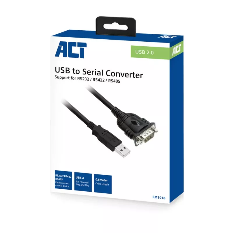 ACT 0,6 m USB-auf-Seriell-Adapter, Schwarz, 0,6 m, USB Typ-A, DB-9, Stecker, Stecker