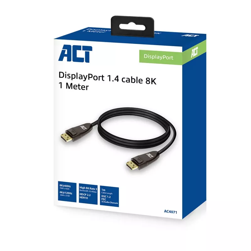 ACT DisplayPort 1.4 Kabel 8K, 1m, 1 m, DisplayPort, DisplayPort, Stecker, Stecker, Schwarz