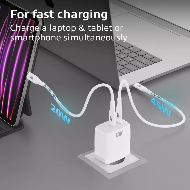 ACT USB-C-Ladegerät 65W 2-Port mit Power Delivery PPS und GaNFast