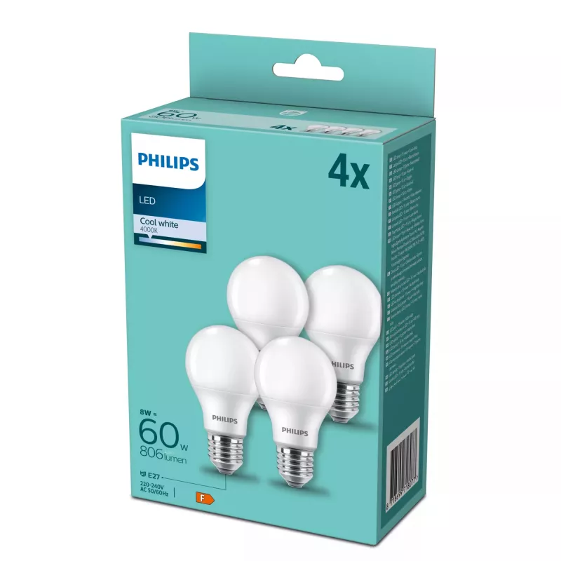 LED-Lampe Philips E27 60W 4000K, 4er-Pack — E27-Sockel, 4000K neutralweiß