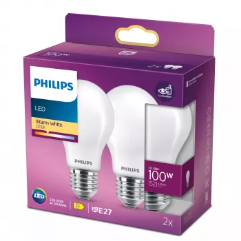 Philips Filament Birne Matt 100W A60 E27 x2, 10,5 W, 100 W, E27, 1521 lm, 15000 h, Warmweiß