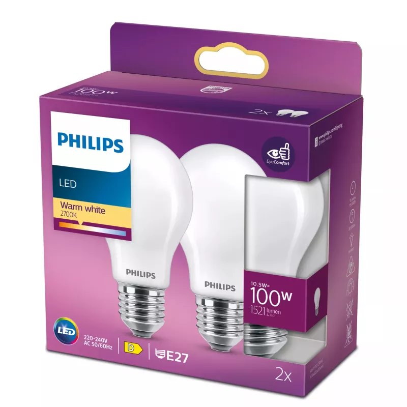 Philips Filament Birne Matt 100W A60 E27 x2, 10,5 W, 100 W, E27, 1521 lm, 15000 h, Warmweiß