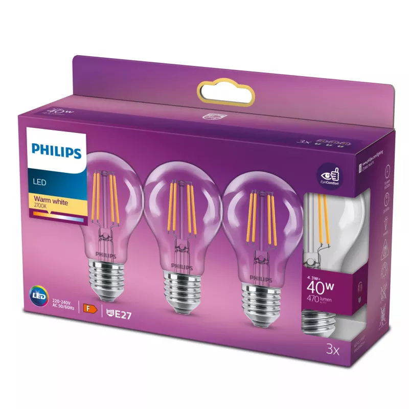 Philips Filament Bulb Clear 40W A60 E27 x3, 4,3 W, 40 W, E27, 470 lm, 15000 h, Warmweiß