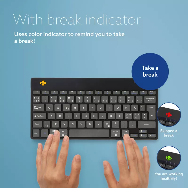 R-Go Tools Ergonomische Tastatur R-Go Compact Break, kompakte Tastatur mit Break-Software, QWERTY (NORDIC), Bluetooth, schwarz