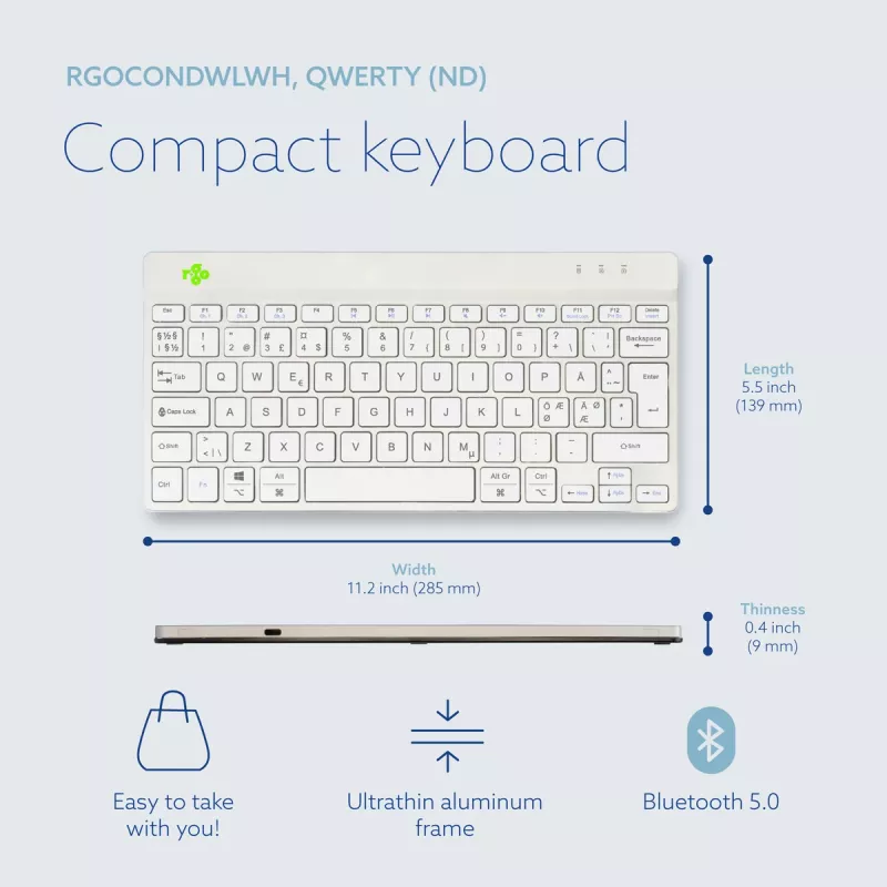 R-Go Tools Ergonomische Tastatur R-Go Compact Break, kompakte Tastatur mit Pausensoftware, QWERTY (NORDIC), Bluetooth, weiß