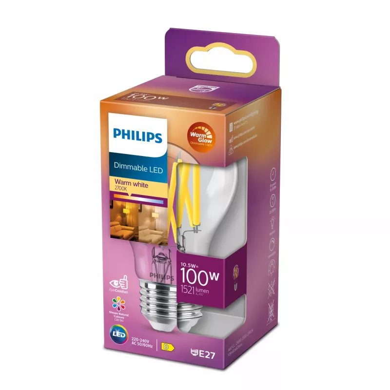 Philips Filament Bulb Clear 100W A60 E27, 10,5 W, 100 W, E27, 1521 lm, 15000 h, Warmglühen