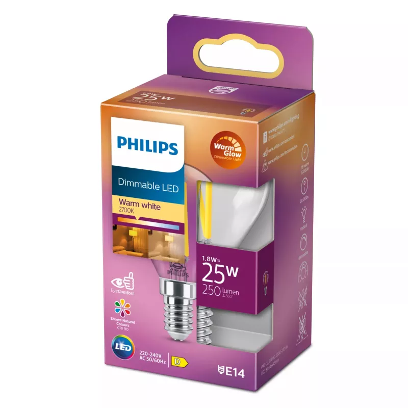 Philips Filament Candle Clear 25W P45 E14, 2,5 W, 25 W, E14, 340 lm, 15000 h, Warmglow