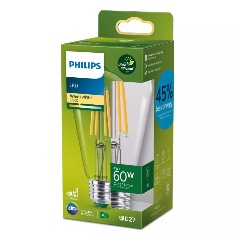 Philips Filament Birne Klar 60 W ST64 E27, 4 W, 60 W, E27, 840 lm, 50000 h, Warmweiß