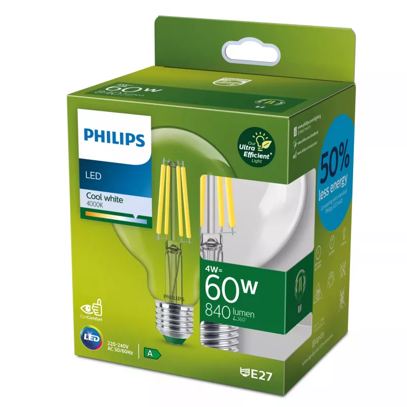 Philips Filament Bulb Clear 60W G95 E27, 4 W, 60 W, E27, 840 lm, 50000 h, Kaltweiß