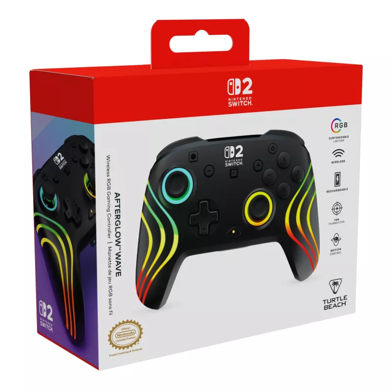 Kabelloser RGB-Gaming-Steuergerät Turtle Beach Afterglow Wave Schwarz für Nintendo Switch 2 — Bluetooth/USB-C, integrierter Akku 20 h, 3 m Kabel
