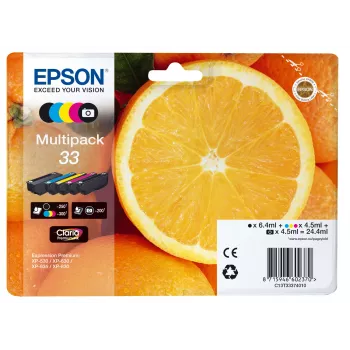 Epson Oranges Multipack 5-Farben 33 Claria Premium Ink, Standard, Schwarz, Fotoschwarz, Cyan, Magenta, Gelb, pigmentbasierte Tinte, farbstoffbasierte Tinte, 6,4 ml, 4,5 ml