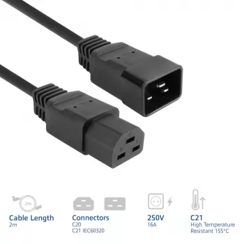 Netzkabel ACT C20–C21 IEC60320 schwarz 2 m, 250 V 16 A