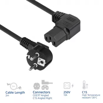 ACT Netzkabel Netzstecker CEE 7/7 Stecker (abgewinkelt) - C15 (rechtwinklig) IEC60320 schwarz 2 m
