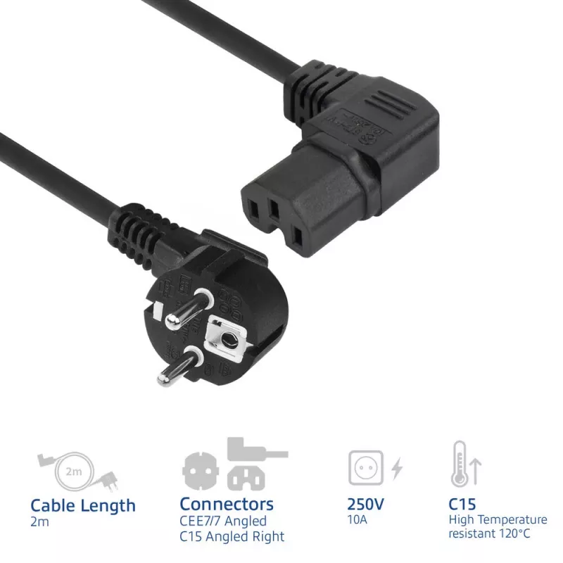 ACT Netzkabel Netzstecker CEE 7/7 Stecker (abgewinkelt) - C15 (rechtwinklig) IEC60320 schwarz 2 m