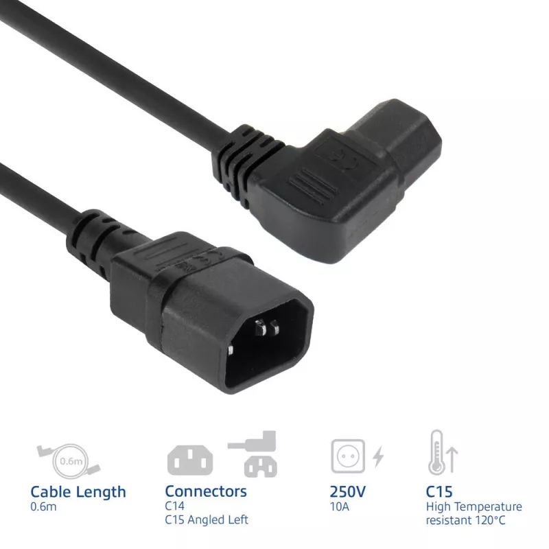 ACT Stromkabel C14 - C15 (gewinkelt links) IEC60320 schwarz 0,6 m