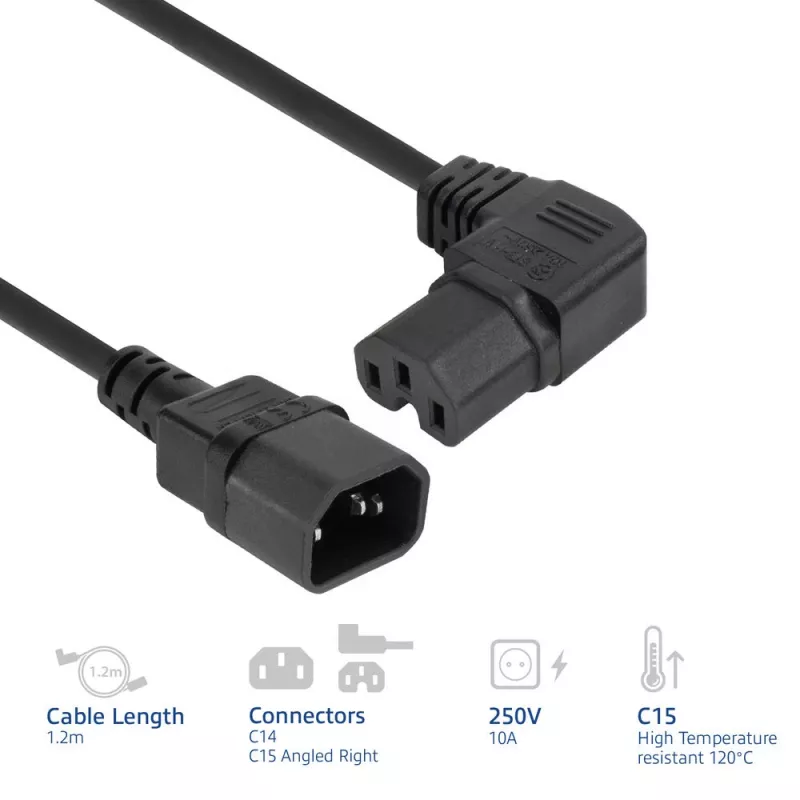 ACT Stromkabel C14–C15 abgewinkelt rechts IEC60320 schwarz 1,2 m H05RN-F 10 A 250 V