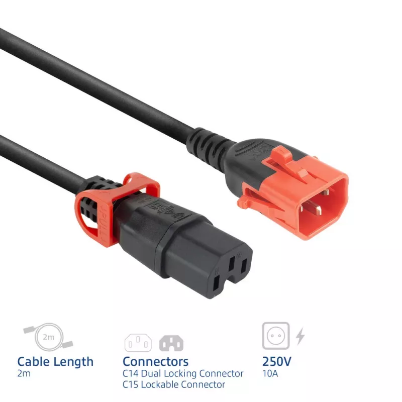 ACT Stromkabel C14 IEC Lock+ Dual Locking - C15 IEC Lock+ schwarz 2 m, PC3872