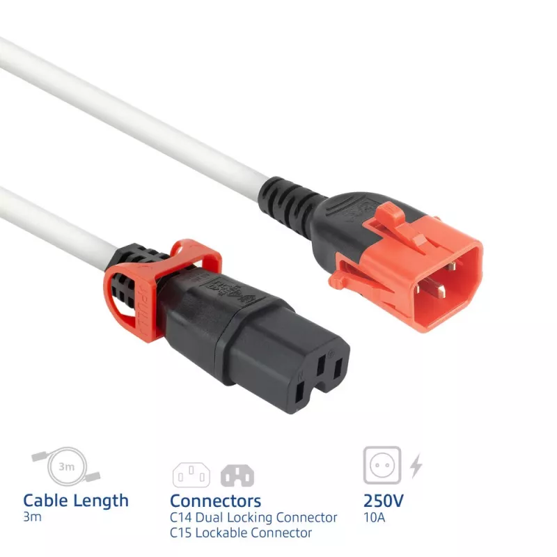 ACT Powercord C14 IEC Lock+ Dual Locking - C15 IEC Lock+ weiß 3 m, PC3879