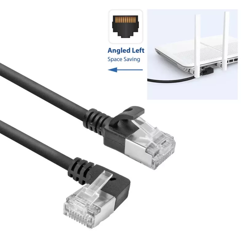 ACT Schwarz 2 m U/FTP CAT6A LSZH Slimline-Patchkabel mit RJ45-Steckern 90° abgewinkelt links auf gerade