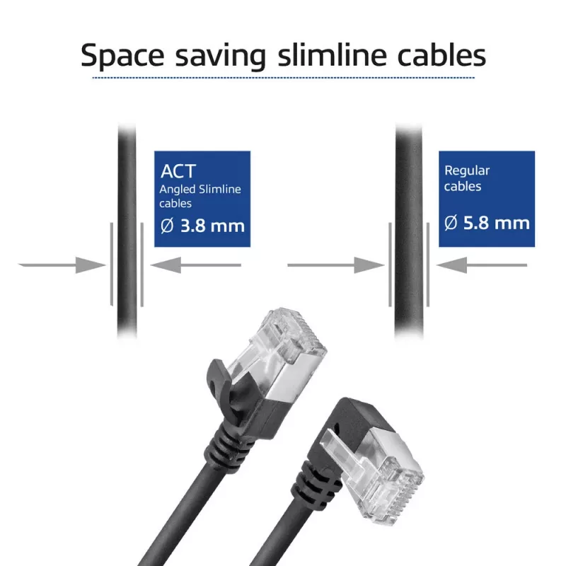 ACT Schwarz 5 m U/FTP CAT6A LSZH Slimline Patchkabel mit RJ45-Steckern, 90° gewinkelt links auf gerade
